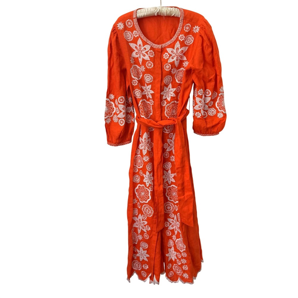 ASHA by Ashley McCormick Lucia Dress orange and white linen size L NWT
